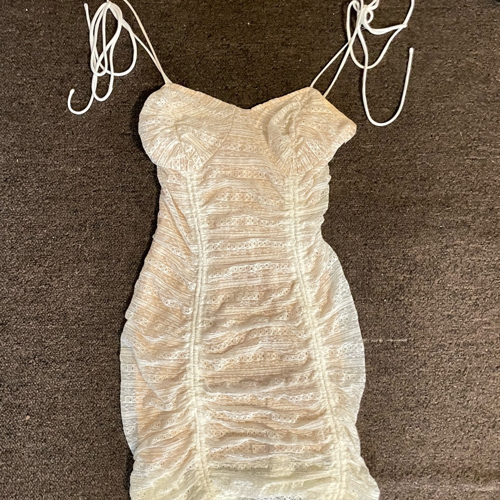 Fashion Nova Cream Ruched Midi Dress